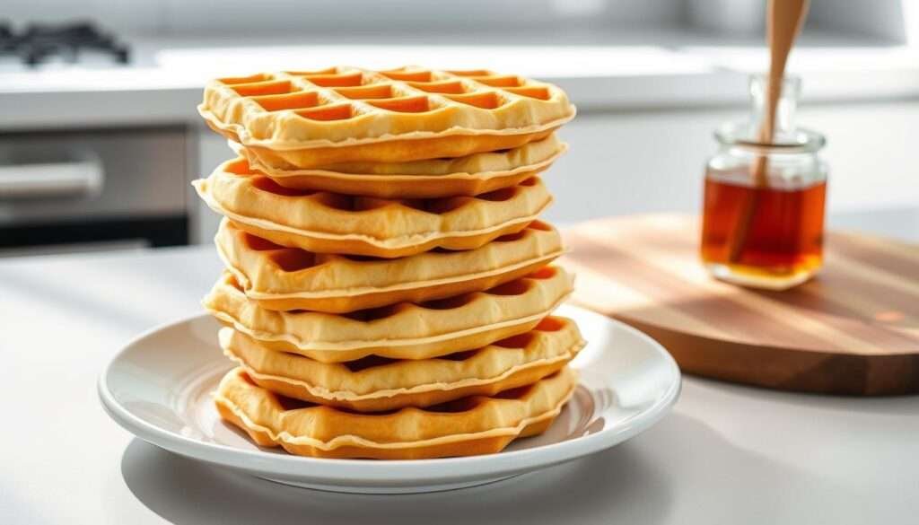 Freezing waffles, crisp golden-brown exterior, fluffy interior, stacked neatly on a white ceramic plate. Soft natural lighting casts gentle shadows, accentuating the delicate texture. In the background, a minimalist kitchen counter with a wooden cutting board and a small glass jar filled with maple syrup, hinting at the perfect pairing. The overall composition conveys a sense of simplicity and culinary preparedness, suitable for meal prepping and storage.