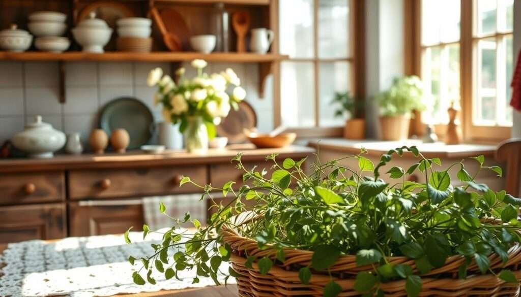 Handmade heirloom kitchen decor: A cozy, sun-dappled farmhouse kitchen, with a rustic wooden table adorned with a hand-crocheted tablecloth and a vase of freshly picked wildflowers. On the shelves, an eclectic mix of vintage ceramic bowls, antique glassware, and a hand-carved wooden spoon rest. In the foreground, a handwoven basket overflows with fragrant herbs, their leaves gently swaying in the soft breeze. The warm, inviting atmosphere is enhanced by the soft, diffused lighting, creating a sense of timeless elegance and charm.
