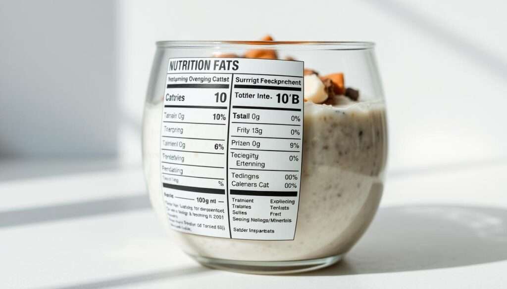 High-protein overnight oats in a glass bowl, with a clean, minimalist layout. A detailed nutrition facts label fills the frame, showcasing the macronutrient breakdown and key vitamins/minerals per serving. Crisp, natural lighting illuminates the scene, casting subtle shadows. The label has a sleek, modern design with clear typography and icons. The overall mood is informative and appetizing, inviting the viewer to explore the nutritional value of this healthy breakfast option.