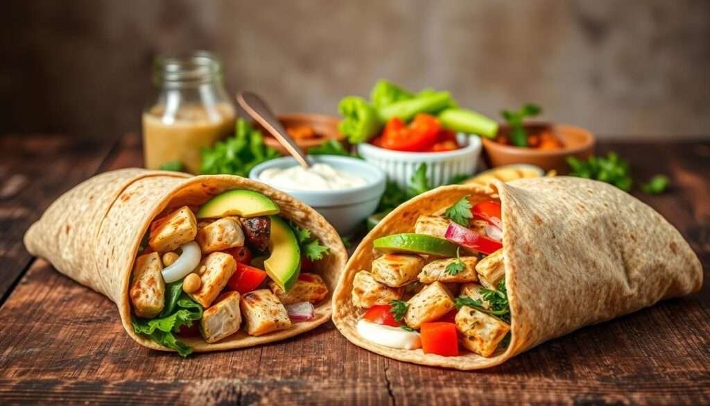 High-protein wraps with vibrant fillings, artfully arranged on a rustic wooden surface. In the foreground, freshly grilled chicken, crisp veggies, and creamy avocado spill out from whole-wheat tortillas. The middle ground showcases a variety of condiments and garnishes, including tangy tzatziki, zesty salsa, and fragrant herbs. The background features a muted, natural setting, with soft, directional lighting casting warm shadows and highlights, creating a tempting, appetizing scene.