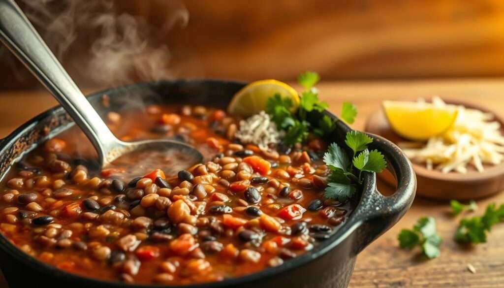 Lentil and black bean chili simmering in a rustic cast-iron pot, steam rising, illuminated by warm, golden lighting. The hearty stew features a rich blend of lentils, black beans, diced tomatoes, onions, garlic, and aromatic spices. The foreground showcases the steaming chili, with a ladle dipping into the thick, savory broth. In the middle ground, fresh cilantro, lime wedges, and a sprinkle of shredded cheese add vibrant color and texture. The background features a simple, minimalist kitchen setting, with a wooden table or countertop and a hint of a natural, earthy backdrop, creating a cozy, homemade atmosphere.