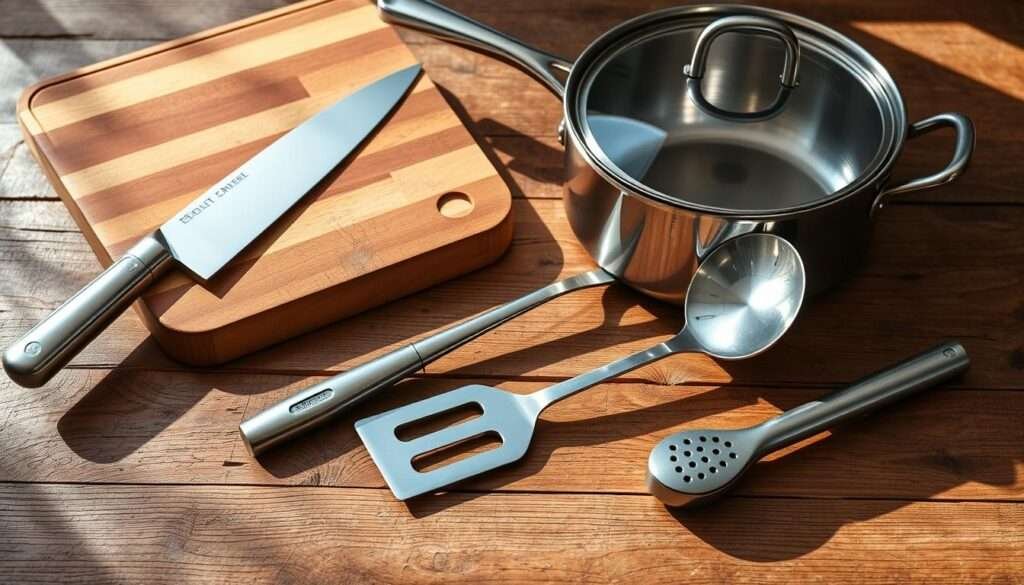 Philly Cheesesteak Bowls cooking tools: a chrome-plated chef's knife, a sturdy wooden cutting board, a stainless steel sauté pan with a glass lid, a long-handled spatula, a slotted spoon, and a garlic press. The scene is bathed in warm, natural lighting, casting soft shadows that highlight the textured surfaces. The tools are arranged in an inviting, artful composition on a rustic wooden table, conveying a sense of culinary expertise and the promise of a delicious home-cooked meal.