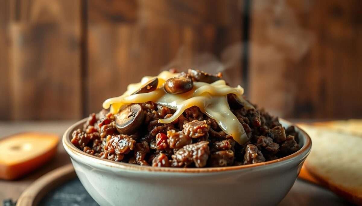 Philly Cheesesteak Bowls made with ground beef, onions, mushrooms