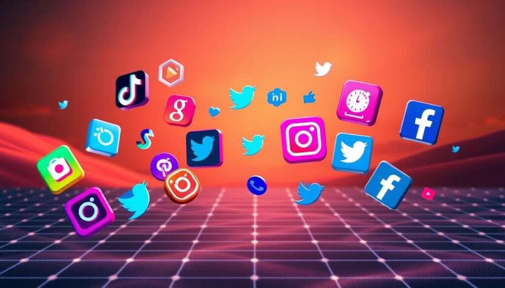 Prompt A dynamic, visually striking image showcasing the interconnectedness of social media platforms. In the foreground, vibrant icons and logos of popular platforms like TikTok, Instagram, Twitter, and Facebook float and intertwine, reflecting the notion of "posting engagement" across various digital spaces. The middle ground features a stylized, abstract grid or matrix, hinting at the underlying algorithms and analytics that drive successful social media strategies. In the background, a soft, gradient-based landscape adds depth and a sense of unity, with warm lighting and a subtle, energetic atmosphere. The overall composition should convey a sense of synergy, collaboration, and the importance of a cohesive, multi-platform approach to building a strong brand presence.