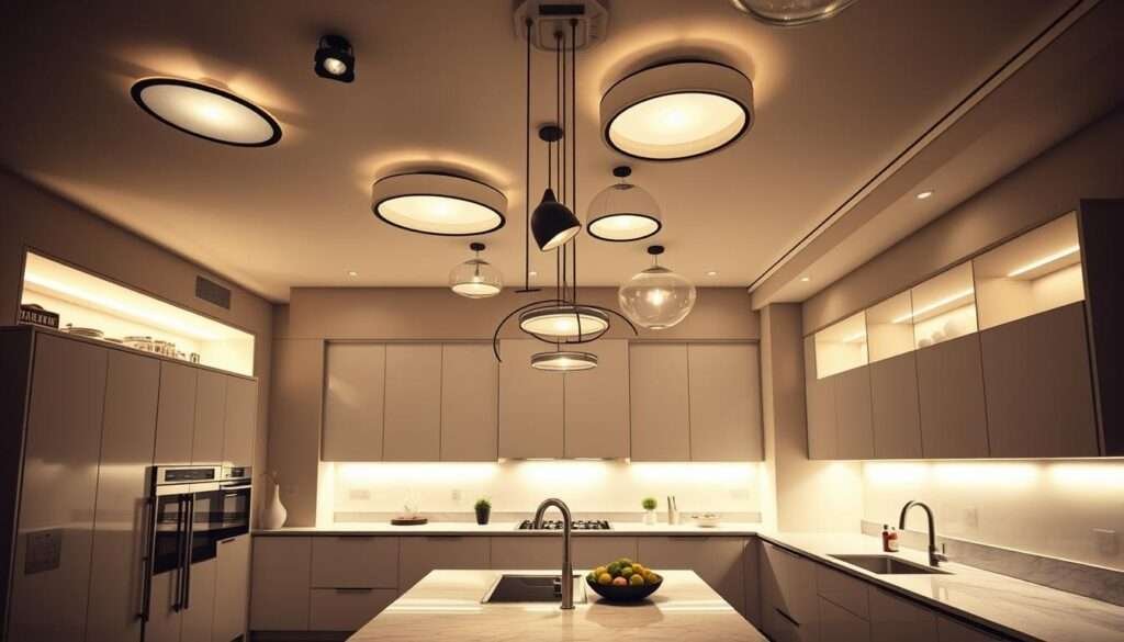 Prompt A spacious, modern kitchen with sleek, minimalist design. Overhead, a stunning array of creative lighting fixtures casts a warm, atmospheric glow - a mix of recessed spotlights, sculptural pendants, and backlit shelving that illuminate the room's clean lines and muted color palette. The lighting creates a sense of depth and drama, drawing the eye upward to the high ceilings. Indirect cove lighting softly illuminates the perimeter, accentuating the crisp, angular cabinetry and marble countertops. The overall effect is one of sophisticated, contemporary elegance - a kitchen that seamlessly blends form and function with a touch of artistic flair.