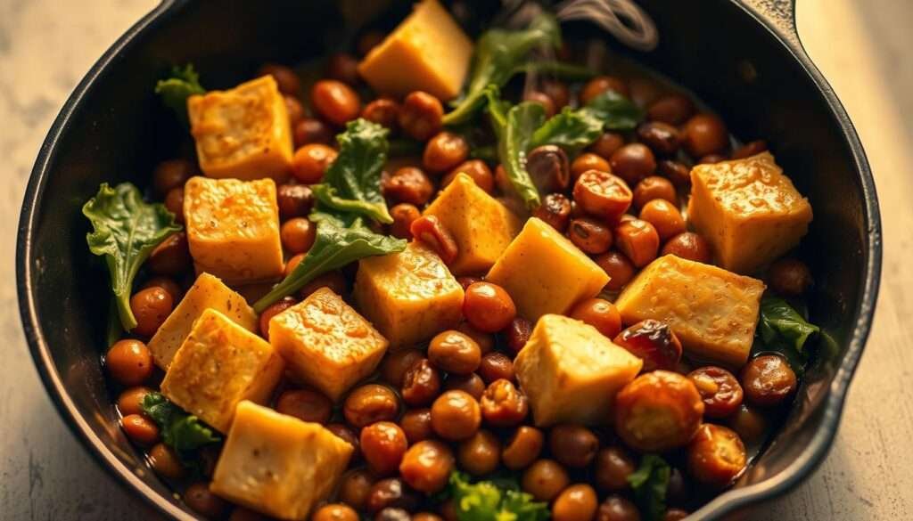 Protein-rich tofu cubes and an assortment of simmering legumes in a steaming cast-iron skillet, bathed in warm golden light and set against a minimalist background. Vibrant greens and earthy browns create a harmonious, wholesome composition, capturing the essence of a nourishing vegetarian high-protein dinner. The camera angles showcase the dish's textures and depth, inviting the viewer to savor the hearty, satisfying meal. A soft, diffused glow emanates from the scene, evoking a sense of comfort and wholesome goodness.