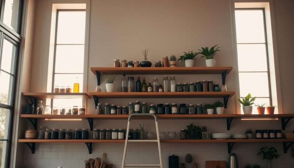 Shelves in a cozy kitchen, illuminated by warm, diffused natural light streaming through tall windows. Rows of carefully curated jars, bottles, and plants adorn the open wooden shelves, their textures and colors creating a harmonious, organic display. The shelves are set against a backdrop of neutral-toned walls, lending a sense of minimalist elegance. A step ladder leans casually against the shelves, hinting at easy access to the higher storage spaces. The overall scene exudes a welcoming, homely atmosphere, inviting the viewer to imagine the daily routines and culinary delights that take place within this thoughtfully designed kitchen space.