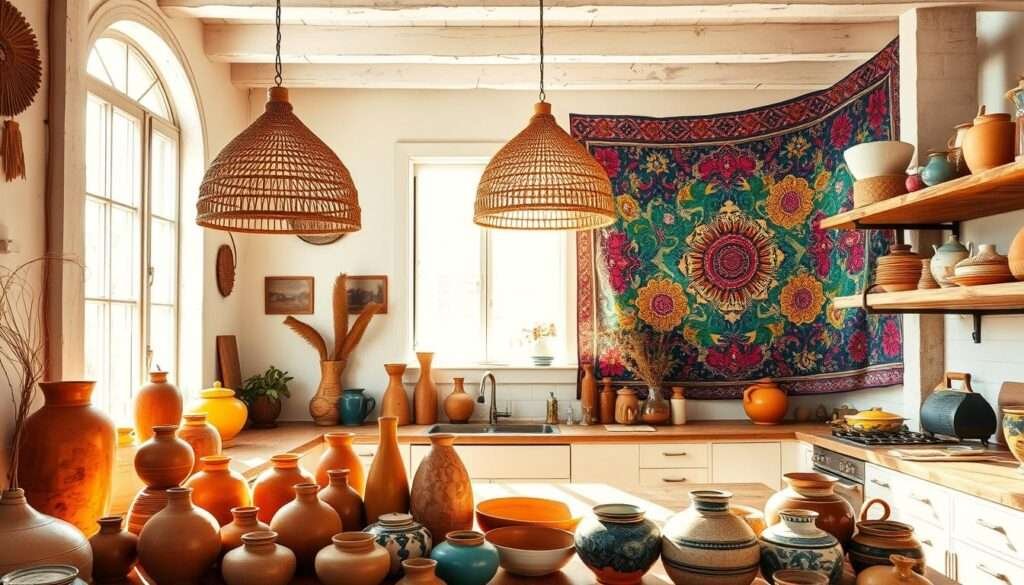 Vibrant, sun-dappled boho kitchen with a stunning mix of textures and colors. In the foreground, an array of eclectic pottery and handmade ceramics in earthy tones of ochre, terracotta, and deep indigo. The middle ground features a large, airy window that floods the space with warm natural light, casting a golden glow on the whitewashed wood beams and rattan pendant lamps. In the background, a wall adorned with a tapestry in a bold, abstract pattern in shades of teal, fuschia, and saffron, creating a lively, bohemian backdrop. The overall atmosphere is one of relaxed, effortless sophistication, with the interplay of light, color, and texture evoking a sense of laid-back, sun-soaked charm.