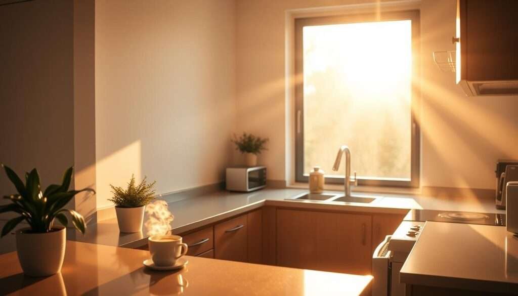 Warm, ambient lighting gently illuminates a cozy kitchen nook. Soft, diffused rays cascade through a large window, casting a gentle glow on the sleek countertops and gleaming appliances. The scene evokes a sense of calm and comfort, with thoughtful details like a potted plant and a mug of steaming beverage adding a touch of hominess. The lighting is deliberately angled to highlight the clean, minimalist aesthetic, creating an inviting and visually harmonious space that feels both functional and welcoming.