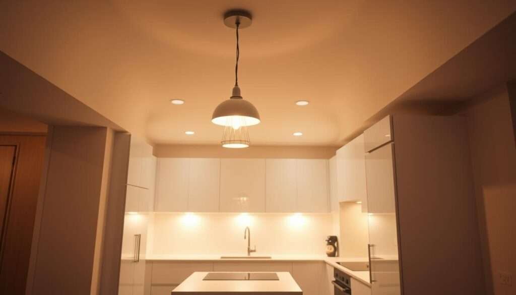 Warm, cozy lighting illuminating a compact, low-ceiling kitchen with modern, minimalist design. Soft, diffused overhead lighting casts a gentle glow, accentuating the clean lines of the sleek white cabinetry and quartz countertops. A pendant light fixture hangs elegantly, casting a pool of light on the small island below. Subtle under-cabinet lighting highlights the backsplash and adds depth. The kitchen has a harmonious, inviting atmosphere, perfect for a cozy, efficient small-space layout.