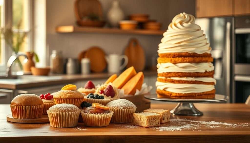 Warm, golden-hued baking scene filled with the rich scents of gluten-free flour, vanilla, and caramelized sugar. A wooden table in the foreground hosts a bouquet of freshly baked goods - pillowy-soft cupcakes, glistening fruit tarts, and a towering layer cake crowned with swirls of silky buttercream. Soft, diffuse lighting casts a cozy glow, highlighting the inviting textures and colors. In the background, glimpses of a modern, minimalist kitchen with stainless steel appliances and a vase of fragrant herbs on the windowsill. An atmosphere of culinary joy and artistry, celebrating the boundless possibilities of gluten-free baking.