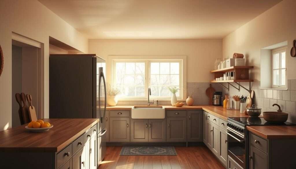 Warm, inviting kitchen interior with a neutral color palette. Soft, earthy tones on the walls and cabinets, creating a cozy, rustic farmhouse ambiance. Wooden countertops and shelves, complemented by muted gray and beige hues. Indirect lighting casts a gentle glow, highlighting the natural textures. Sunlight streams through large windows, casting warm shadows across the space. The overall aesthetic is welcoming and harmonious, perfectly suited for a charming farmhouse cottage kitchen.