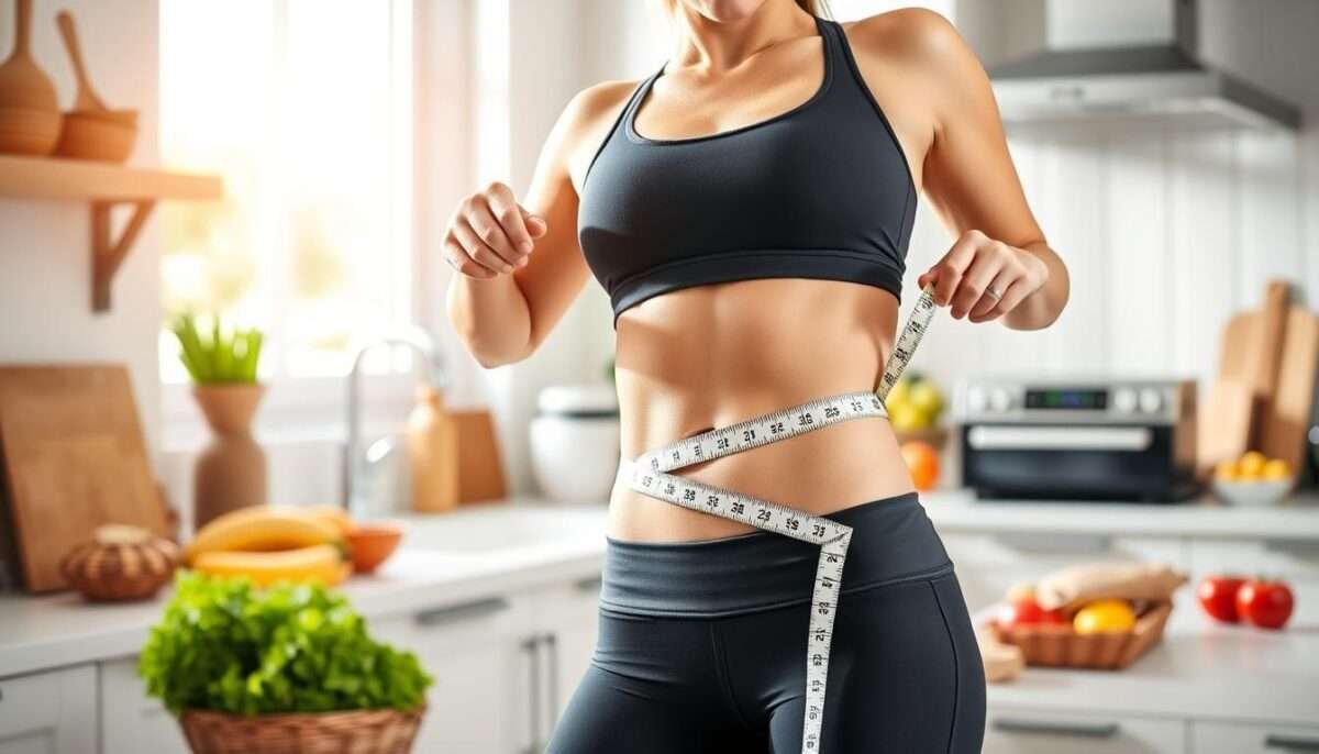 Woman measuring waist after following high protein low carb diet meal plan