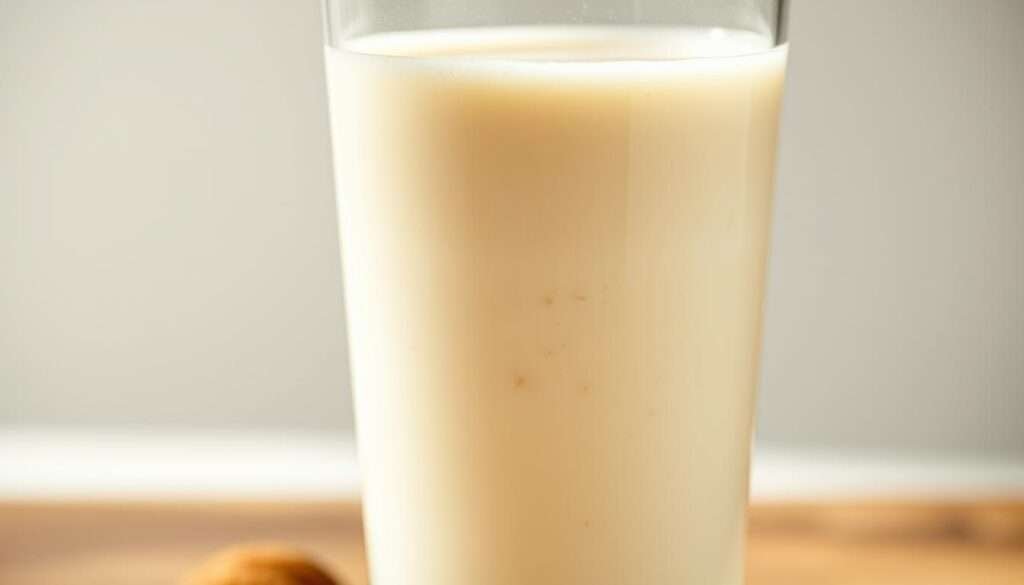 a high-quality, hyper-realistic close-up image of a glass of homemade almond milk with a smooth, creamy texture, captured under natural warm lighting with a shallow depth of field, creating a soft, blurred background. The almond milk has a rich, off-white color and a slightly frothy surface, with visible almond particles suspended throughout. The glass is positioned on a wooden or marble surface, creating a clean, minimalist, and inviting composition that would be suitable for an article on healthy smoothie recipes.