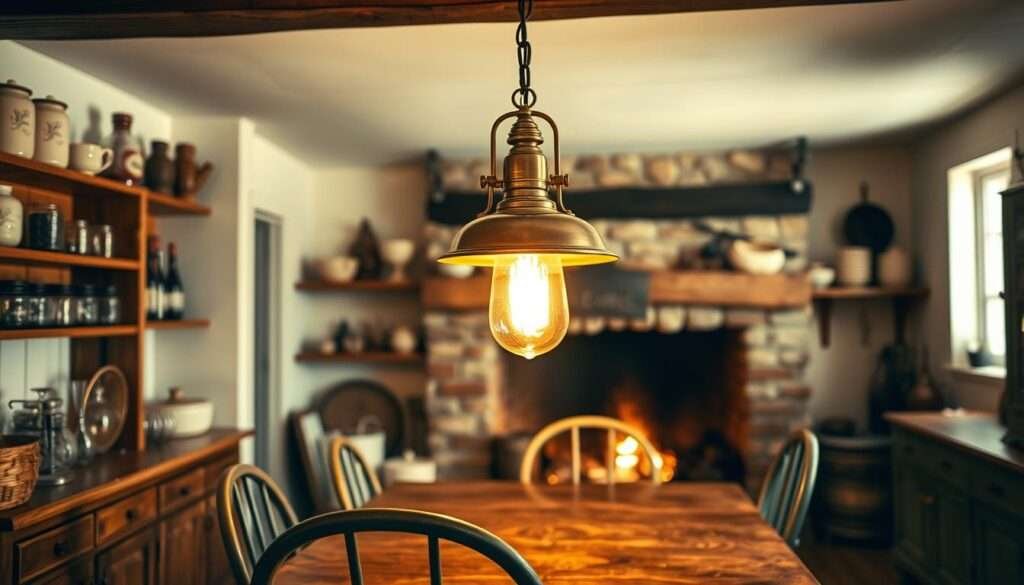 a warm, cozy vintage farmhouse kitchen with a rustic, charming atmosphere. in the foreground, a beautiful brass or copper pendant lamp with a classic design and a soft, glowing light. the lamp is suspended from a wooden ceiling beam, illuminating a wooden table with mismatched antique chairs. in the middle ground, there are shelves or cabinets along the walls, displaying vintage glass jars, ceramic dishes, and other farmhouse-style decor. the background features a stone or brick fireplace, casting a gentle flickering light across the scene. the overall lighting is soft and inviting, creating a welcoming and comfortable ambiance befitting a small country kitchen.