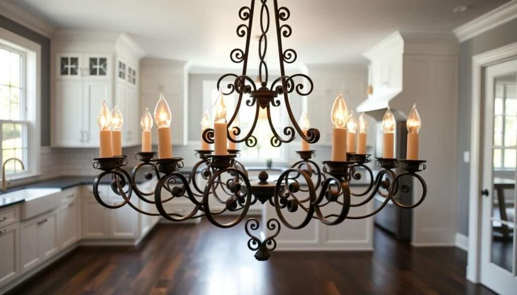 a wrought iron chandelier with intricate, ornate scrollwork and candle-like lights, suspended from the ceiling in a modern farmhouse kitchen. The kitchen features white shaker-style cabinets, a subway tile backsplash, and dark hardwood floors. Natural light floods the space through large windows, casting a warm, inviting glow. The chandelier is the focal point, bridging the rustic and contemporary elements, exuding a sense of timeless elegance. The scene evokes a cozy, welcoming atmosphere, perfect for gathering and enjoying a meal in this blended modern-farmhouse style kitchen.
