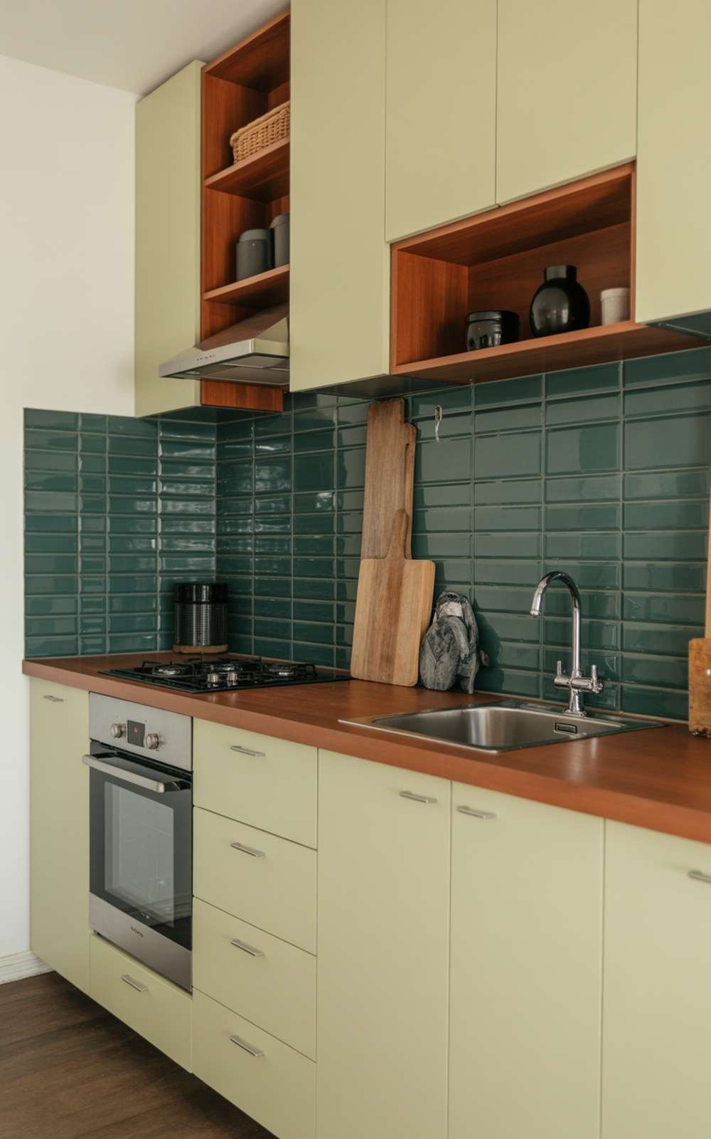 Compact kitchen featuring a green tile backsplash, light cabinetry, and wooden countertop.