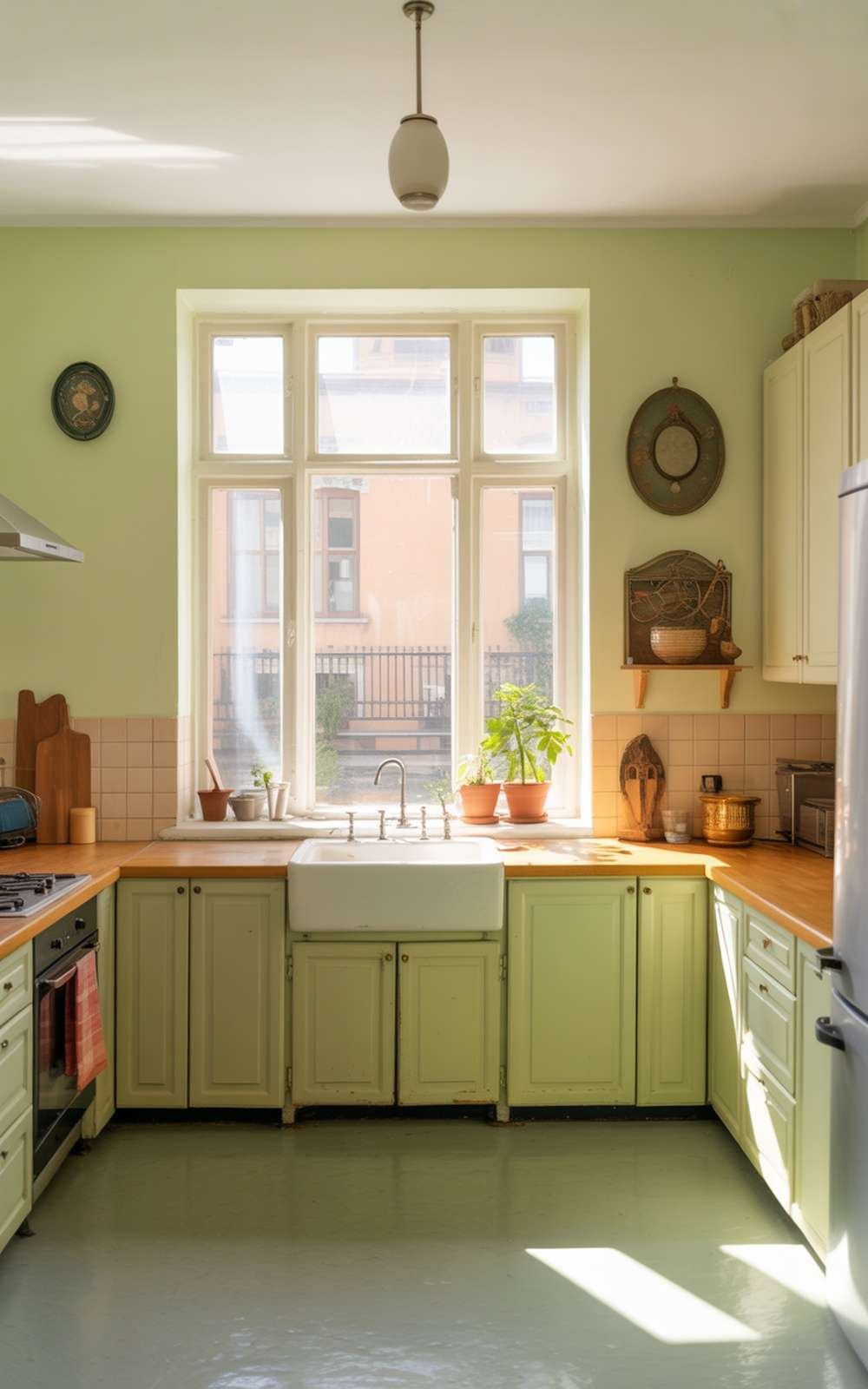 A bright and airy kitchen with light green walls, wooden countertops, and a farmhouse sink, featuring a large window and potted plants.