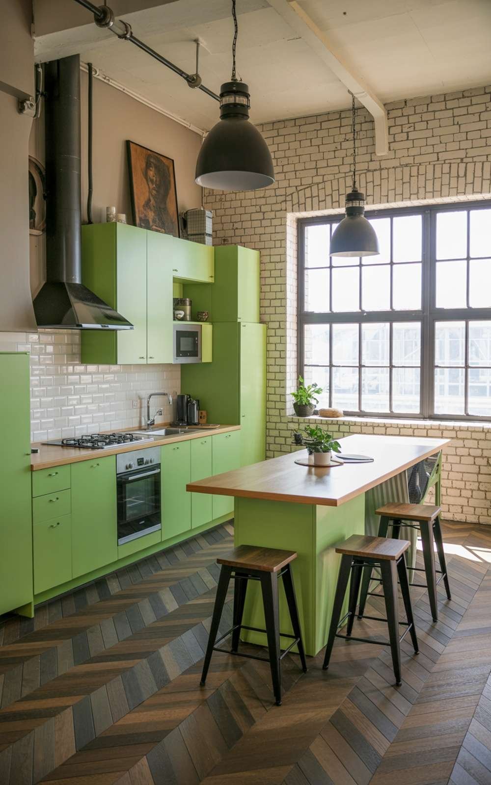 A bright green kitchen in an urban loft with large windows and wooden flooring.