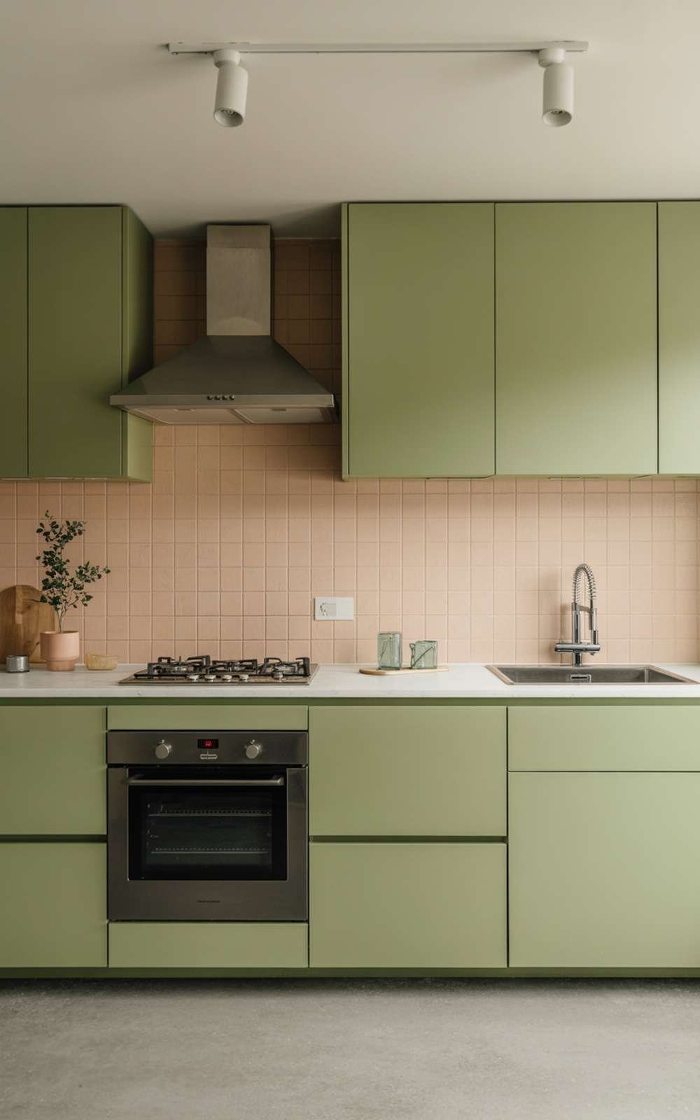 Modern minimalist kitchen with green cabinets and pink backsplash