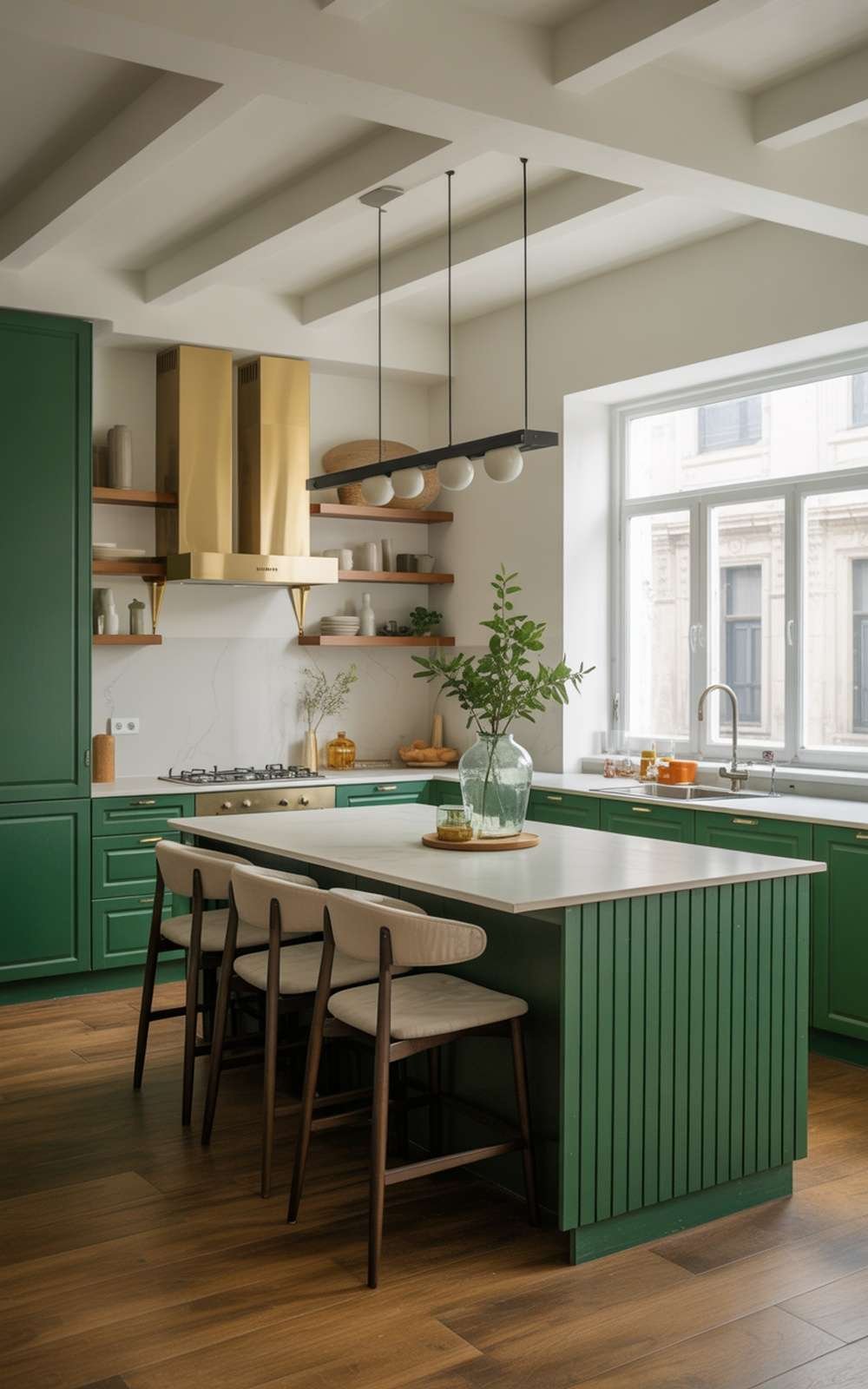 A stylish kitchen featuring a bold emerald green island with a white countertop, modern pendant lights, and open shelving.