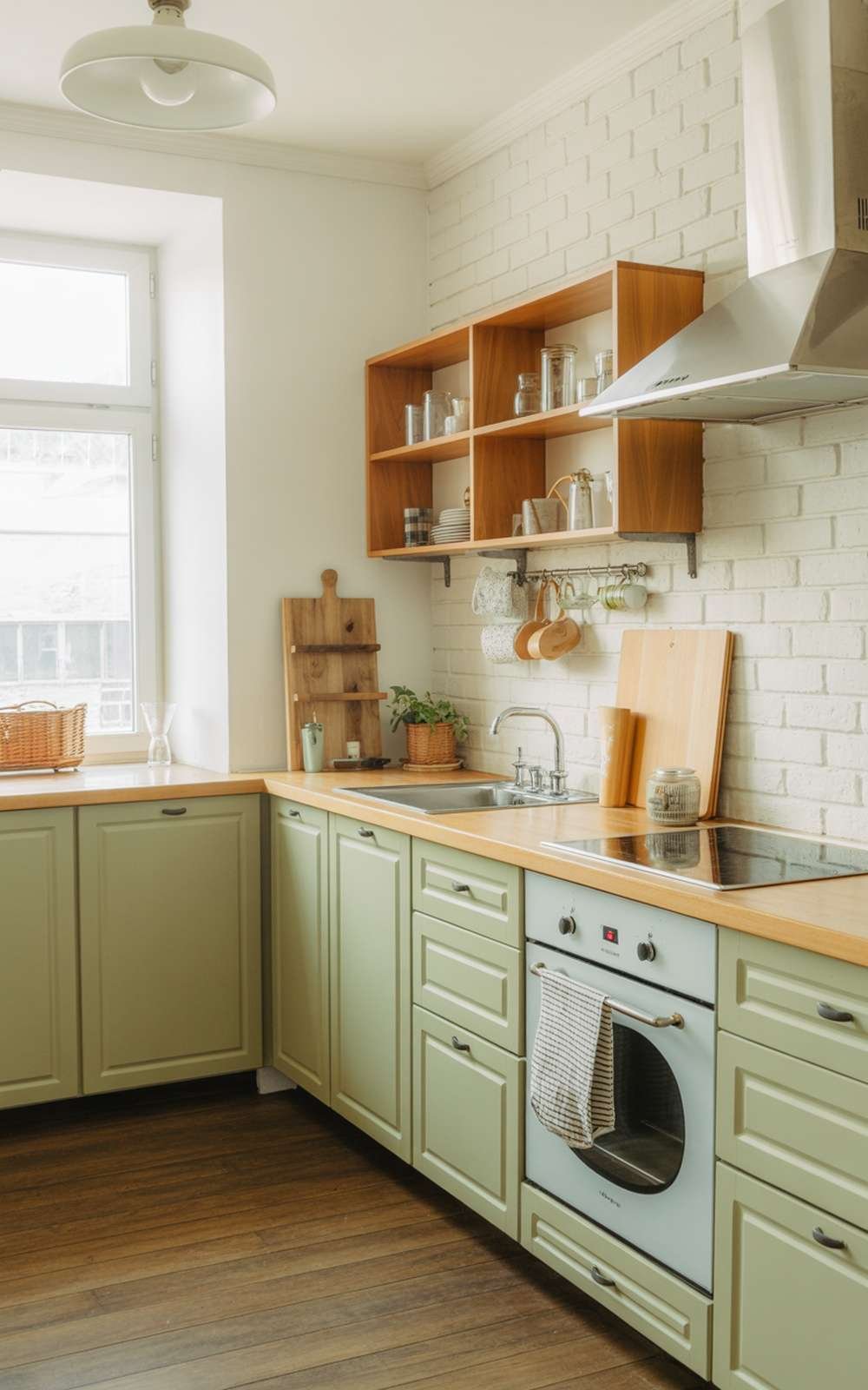 A Scandinavian style kitchen featuring mint green cabinets, wooden countertops, and open shelving with glass jars.