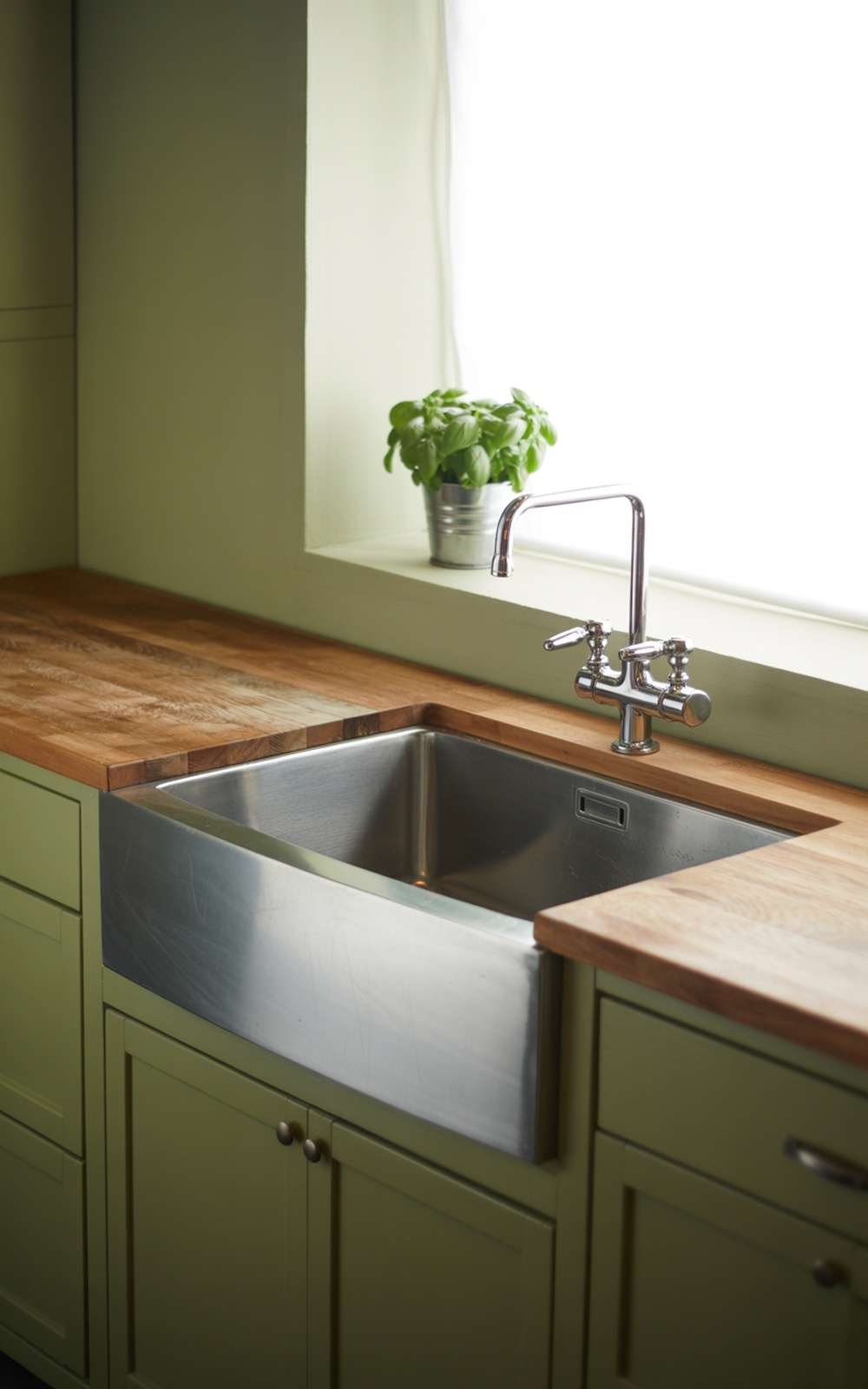 A small green kitchen featuring reclaimed wood countertops and a stainless steel sink, with a herb plant on the windowsill.