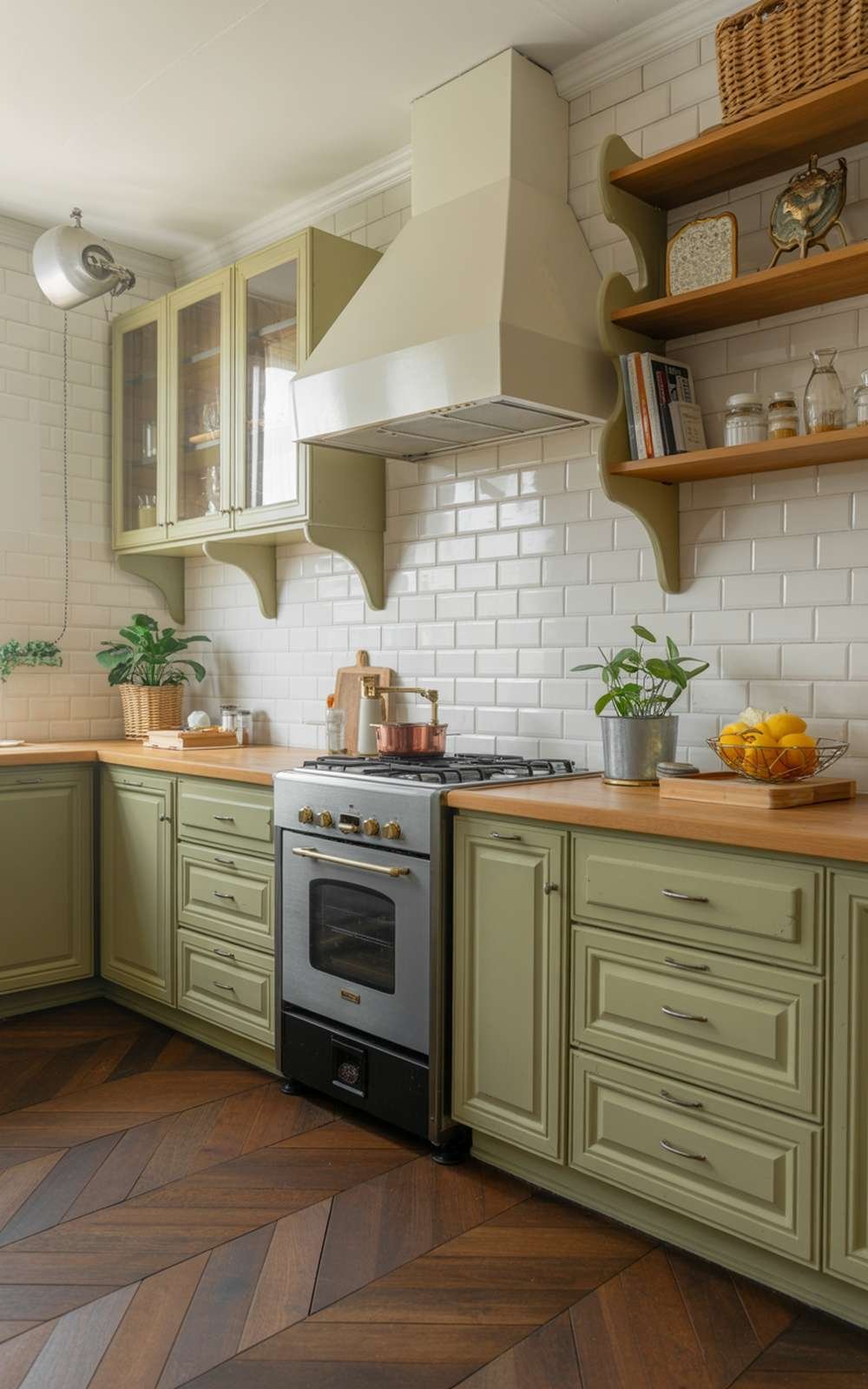 A stylish small kitchen featuring soft green cabinets, wooden countertops, and white subway tile backsplash.