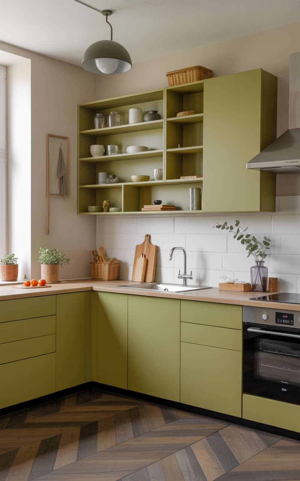Stylish small kitchen with olive green cabinets and wooden countertops