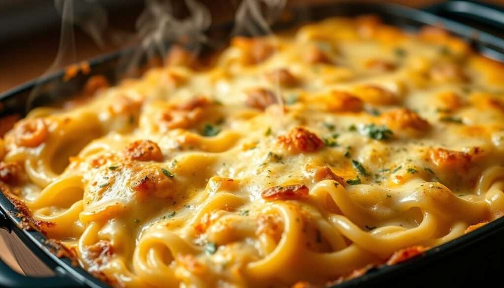 A baked casserole dish filled with creamy, cheesy spaghetti noodles, topped with a golden-brown crust. The noodles are nestled in a thick, velvety sauce infused with tangy cream cheese and fragrant herbs. Wisps of steam rise from the piping hot dish, inviting the viewer to dive in. The casserole is photographed from a slightly elevated angle, showcasing the bubbling, molten cheese and the tender pasta strands. Warm, ambient lighting casts a cozy glow, highlighting the rich, comforting tones of the dish. The overall scene evokes a sense of indulgence and homey satisfaction.