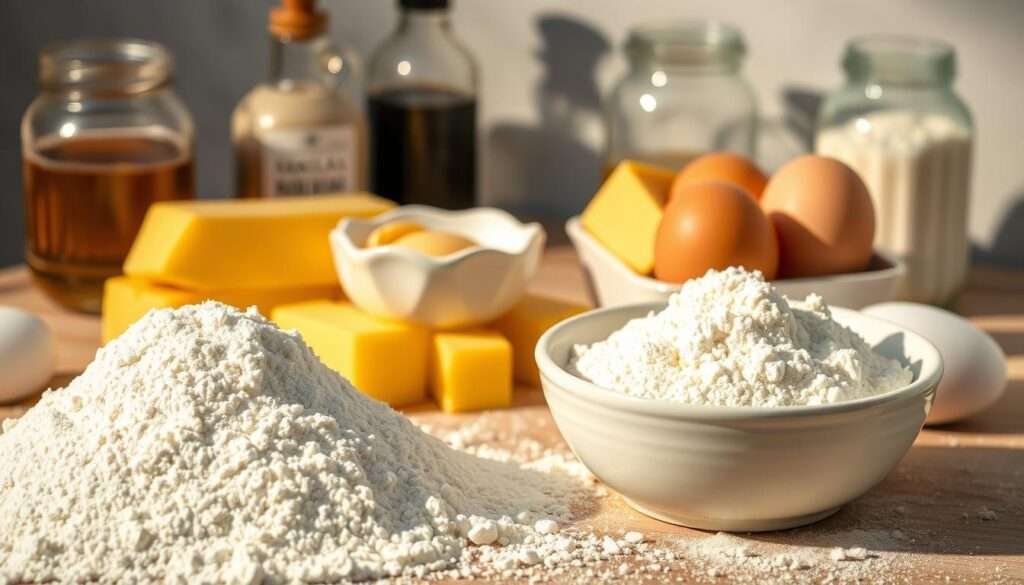A beautifully arranged still life of classic French baking ingredients. In the foreground, a mound of all-purpose flour spills from a white ceramic bowl, its soft, powdery texture inviting touch. Beside it, golden-hued sticks of high-quality butter, their creamy richness glowing under warm, directional lighting. In the middle ground, a delicate porcelain ramekin holds a clutch of farm-fresh eggs, their shells glistening. In the background, jars of vanilla extract and granulated sugar stand ready, casting subtle shadows. The overall scene exudes a sense of rustic elegance, hinting at the indulgent, homemade delights to come.