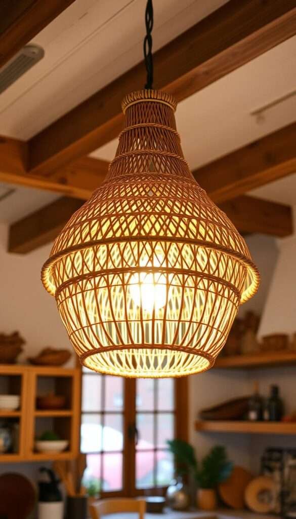 A beautifully crafted rattan pendant light, its intricate woven pattern casting a warm, ambient glow in a cozy, boho-inspired kitchen. The pendant hangs gracefully from the ceiling, its natural texture complementing the exposed wooden beams and earthy tones of the space. Soft, directional lighting illuminates the pendant's organic silhouette, creating a captivating play of light and shadow. The image showcases the pendant's size and placement, seamlessly integrated into the overall kitchen design to enhance the functional and aesthetic appeal of the space.