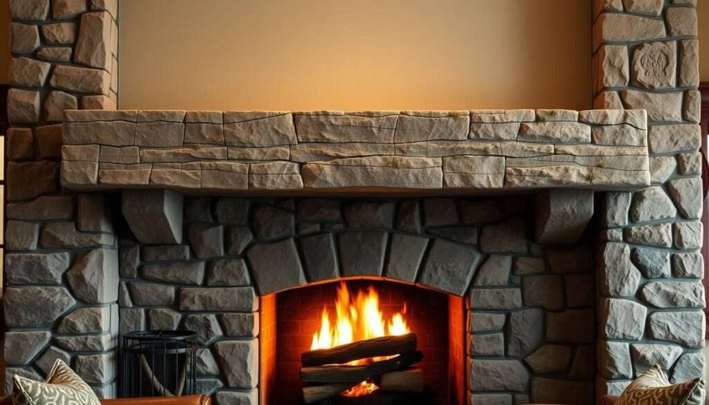 A beautifully crafted stone mantel shelf, its rugged surface textured with natural grooves and mossy accents, standing as the centerpiece of a cozy, rustic living room. Warm firelight flickers behind the mantel, casting a soft, ambient glow and lending an inviting, atmospheric quality to the space. Tall, stately stone columns frame the fireplace, creating a sense of grandeur and solidity. The mantel's weathered, time-worn appearance suggests a storied history, a connection to the natural world beyond the confines of the room. Subtle, earthy tones predominate, with muted grays, tans, and hints of green harmonizing to evoke a sense of timeless, natural elegance.