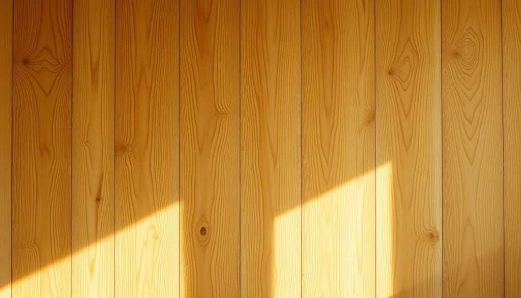 A beautifully grained, golden-toned wood panel, capturing the natural warmth and organic texture of a timeless material. The wood is illuminated by soft, diffused natural light, casting gentle shadows that highlight the unique knots and grains. The surface is smooth and polished, yet retains a rustic, handcrafted feel. The image conveys a sense of tranquility and soulful elegance, perfectly complementing the bright, airy aesthetic of a farmhouse-inspired living room. The wood acts as a grounding, earthy element, balancing the predominant white tones and bringing a natural, calming presence to the space.