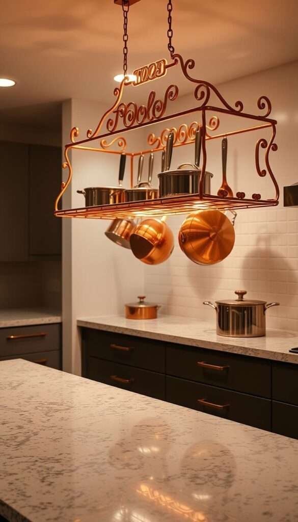 A beautifully lit copper pot rack elegantly suspended above a spotless kitchen island. The pot rack's intricate metalwork casts a warm, amber glow across the pristine granite countertop. Strategically positioned to maximize storage, the arrangement showcases an array of gleaming copper cookware, each piece reflecting the soft overhead lighting. The scene exudes a sense of efficiency and thoughtful organization, perfectly complementing the tidy, minimalist aesthetic of the modern kitchen.