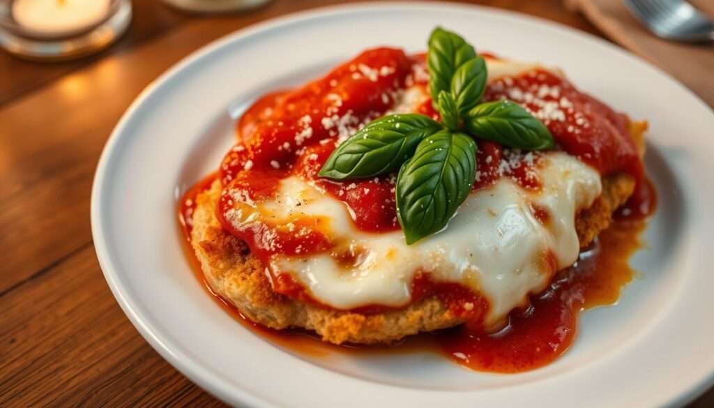A beautifully plated baked chicken parmesan, the breaded chicken breast is golden-brown and crispy, topped with a generous portion of melted mozzarella cheese and a rich tomato sauce. The dish is presented on a white ceramic plate, garnished with fresh basil leaves and a sprinkle of grated parmesan. The lighting is soft and warm, creating a cozy and inviting atmosphere. The camera angle is slightly elevated, capturing the dish from an appetizing perspective, showcasing the layers of flavors and textures. The overall scene exudes an air of rustic Italian elegance, making this baked chicken parmesan an irresistible culinary delight.