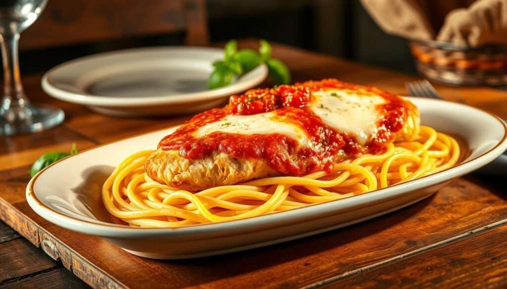 A beautifully styled image of a piping hot baked chicken parmesan dish, presented on a rustic wooden table. The golden-brown chicken breast is topped with a generous layer of melted mozzarella cheese, nestled atop a bed of al dente spaghetti noodles, all drizzled with a rich, aromatic tomato sauce. The scene is illuminated by warm, natural lighting, casting a cozy, inviting glow. In the background, a simple, elegant place setting and a sprig of fresh basil add to the tempting atmosphere. The image evokes the comforting, homemade flavors and textures of this classic Italian-American dish, making it irresistible to the viewer.