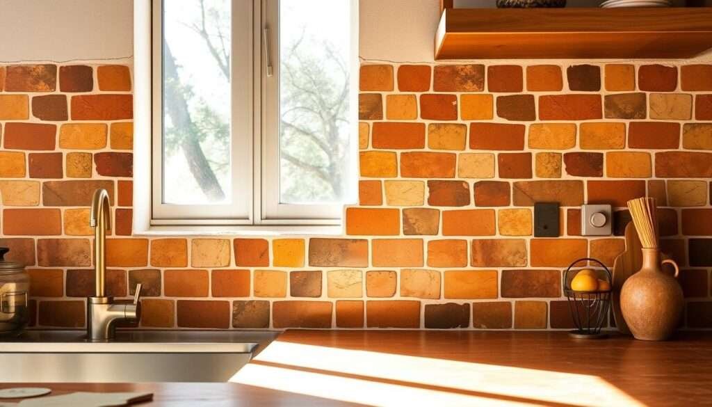 A boho-inspired kitchen backsplash, featuring a warm, earthy color palette with terracotta, mustard, and olive hues. The tiles are arranged in a rustic, asymmetric pattern, creating a sense of organic movement and texture. Sunlight filters in through a nearby window, casting a soft, golden glow and highlighting the subtle variations in the tile surfaces. The backsplash anchors the space, providing a visually striking and cohesive backdrop for the rest of the boho-inspired kitchen decor.