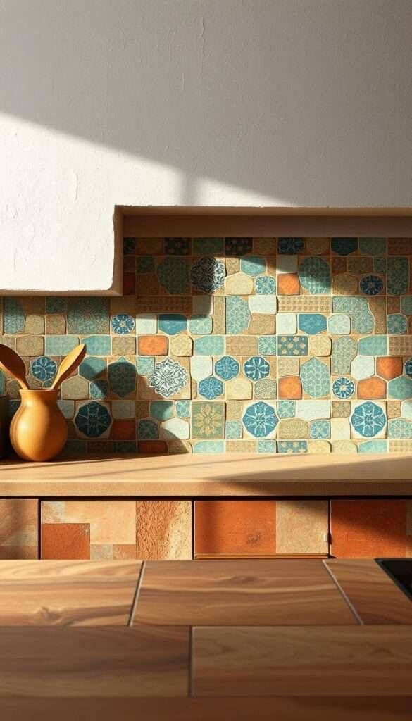 A boho-inspired kitchen backsplash with a captivating mix of natural textures and bold colors. In the foreground, large handcrafted terracotta tiles in earthy tones create a rustic, artisanal feel. Interspersed are geometric cement tiles in muted shades of blue and green, adding depth and visual interest. The middle ground showcases intricate Moroccan-inspired patterns, blending seamlessly with the organic tiles. Soft, diffused lighting from above casts gentle shadows, highlighting the tactile qualities of the materials. In the background, a neutral plaster wall provides a clean, minimalist canvas to showcase the bohemian mosaic of the backsplash. The overall atmosphere is warm, inviting, and infused with a touch of global, eclectic charm.