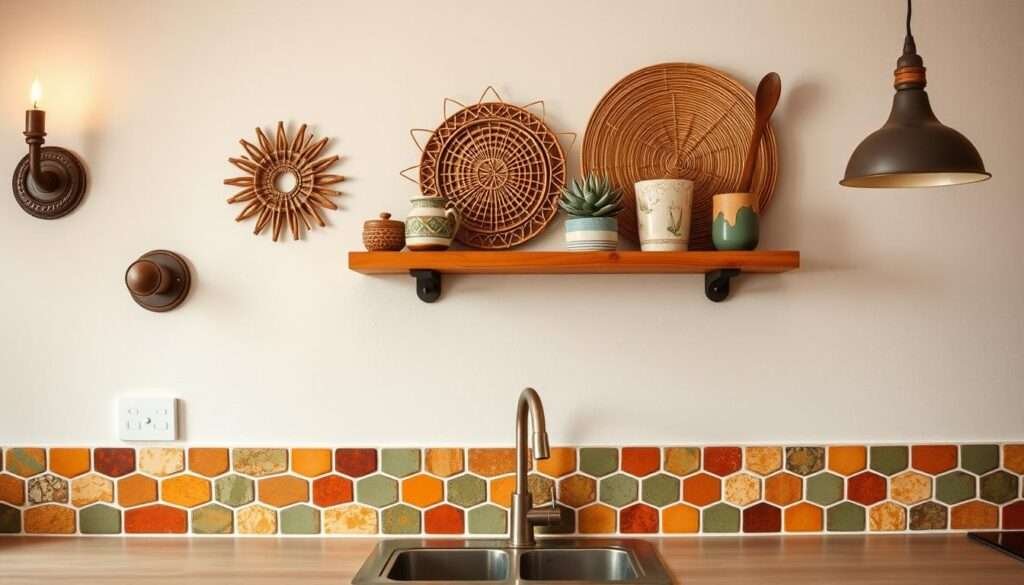 A boho-inspired kitchen backsplash with a vibrant, earthy color palette. In the foreground, a mosaic pattern of handcrafted ceramic tiles in terracotta, ochre, and sage green hues, arranged in an organic, asymmetrical layout. Subtle variations in the glaze and texture add depth and visual interest. The middle ground features a mix of natural materials, such as woven rattan wall decor and a floating wooden shelf displaying potted succulents and artisanal ceramics. Soft, warm lighting from sconces and pendant fixtures creates a cozy, inviting ambiance, complementing the rustic, bohemian aesthetic. In the background, a neutral-toned wall provides a simple, unobtrusive backdrop, allowing the backsplash to take center stage as the focal point of this small, charming boho kitchen.