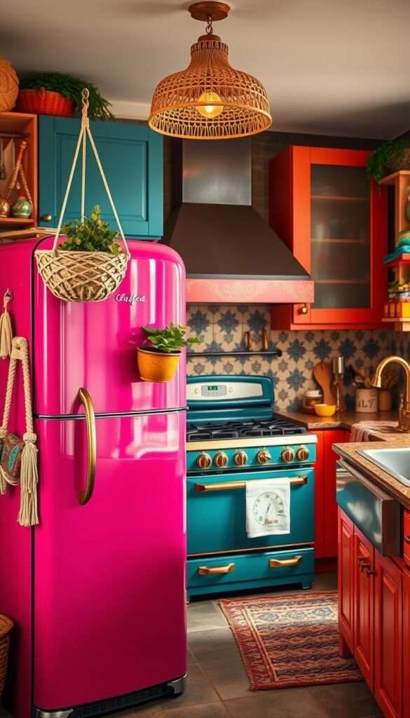 A boldly eclectic kitchen filled with vibrant boho-inspired appliances, fixtures, and hardware. In the foreground, a statement-making retro-style fridge in a rich jewel-toned hue, its sleek curves accentuated by a macrame plant holder and colorful cushions. In the middle ground, a vintage-inspired oven and range with ornate hardware in burnished metals, complemented by a hanging rattan light fixture. The background features a mix of bohemian-style cabinetry, patterned backsplash tiles, and a striking metallic sink faucet. Warm, diffused lighting casts a cozy, inviting glow, while the overall atmosphere radiates a laidback, creative energy.