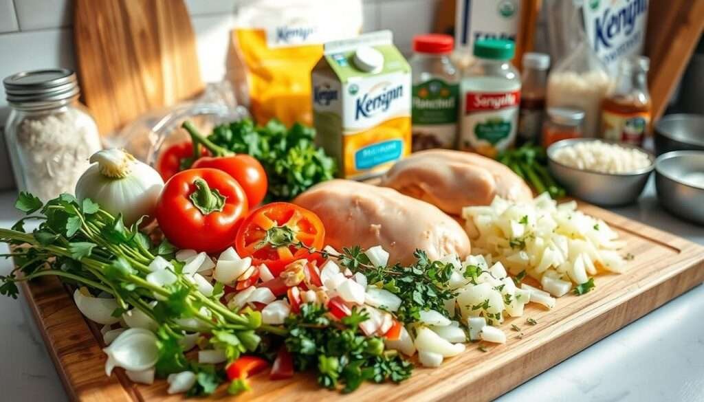 A bountiful assortment of kitchen staples sit atop a wooden cutting board, bathed in soft, natural lighting. In the foreground, freshly chopped onions, garlic, and bell peppers mingle with sprigs of fragrant herbs. In the middle ground, a package of chicken breasts and a carton of creamy broth stand ready for culinary transformation. In the background, a selection of rice, spices, and seasonings hint at the comforting flavors to come. The scene evokes a sense of anticipation and homemade goodness, perfectly capturing the essence of "Creamy Smothered Chicken and Rice - Ultimate Comfort Meal."