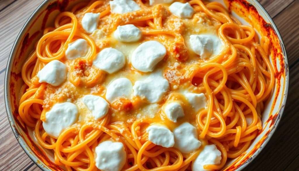 A bountiful baked casserole of al dente spaghetti noodles, nestled in a creamy, velvety blanket of tangy cream cheese. The spaghetti strands are tenderly coiled, glistening with a light sheen, their vibrant orange hue accentuated by the soft, pillowy mounds of white cream cheese that have been meticulously layered throughout. The casserole dish sits atop a wooden table, its burnished golden-brown crust beckoning to be sliced into, revealing the luscious, cheese-infused interior. Warm, indirect lighting casts a soft, inviting glow, highlighting the casserole's sumptuous textures and mouthwatering appearance. An appetizing, comforting scene, ready to be savored.