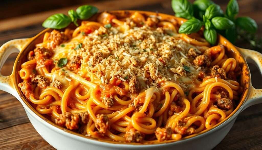 A bountiful, golden-brown baked spaghetti casserole, fresh from the oven, sits center frame. Strands of al dente pasta are smothered in a rich, creamy sauce, punctuated by savory ground beef and melted cheddar cheese that gently bubbles at the edges. Aromatic herbs and garlic lend depth of flavor, while a crisp, toasted breadcrumb topping adds textural contrast. Warm, inviting lighting bathes the dish, casting soft shadows that highlight its luscious, homemade appeal. The casserole dish is placed on a rustic wooden table, surrounded by fresh basil leaves and sprigs of thyme, conveying the comforting, homestyle essence of this delectable recipe.