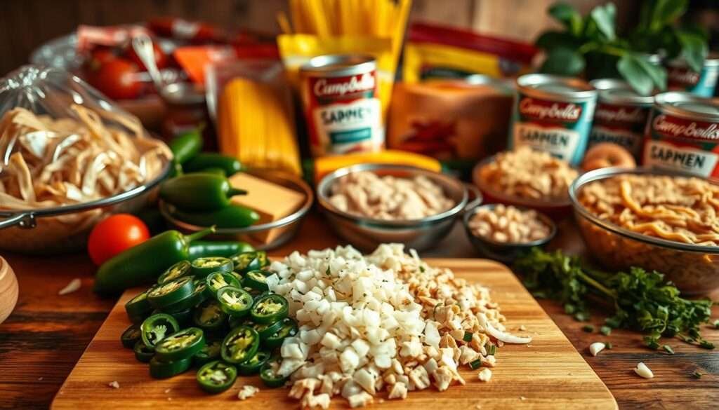 A bountiful table overflowing with the essential ingredients for a spicy Southern chicken spaghetti casserole. In the foreground, a cutting board hosts an array of sliced jalapeños, diced onions, and minced garlic, all bathed in warm, golden lighting. In the middle ground, spaghetti noodles, shredded chicken, and cans of diced tomatoes and cream of mushroom soup create a harmonious tableau. The background is softly blurred, allowing the focus to remain on the vibrant, mouthwatering selection of components. The overall scene evokes a sense of rustic, comforting abundance, perfectly suited to the hearty, flavorful dish being prepared.