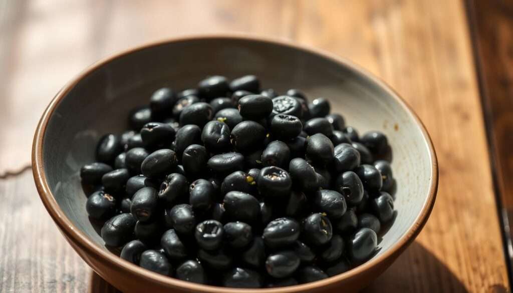 A bowl of freshly cooked black beans, glistening with a light drizzle of olive oil. The beans are arranged in a visually appealing composition, with their deep, inky black hue contrasting beautifully against the warm, earthy tones of the wooden table surface. Soft, indirect lighting illuminates the scene, casting gentle shadows that add depth and dimension. The overall mood is one of simplicity, nourishment, and the humble elegance of a staple ingredient. The camera angle is slightly elevated, allowing the viewer to appreciate the texture and visual appeal of the beans. This image perfectly encapsulates the theme of "Beans and rice: budget-friendly protein power".