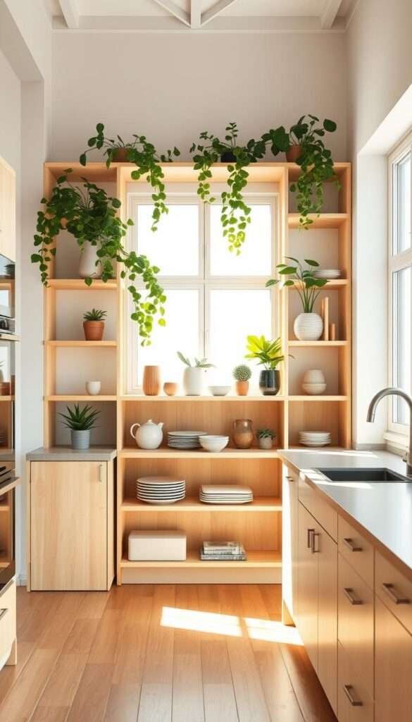 A bright, airy Scandinavian kitchen with an open shelving unit showcasing lush greenery. Soft, diffused natural light filters in through large windows, illuminating the minimalist yet functional design. The shelves are made of light-colored wood, artfully displaying potted plants, ceramic dishware, and a few carefully curated decorative items. The kitchen countertop is a sleek, neutral-toned stone, complementing the wooden elements. Warm wooden floors and white walls create a serene, calming atmosphere. The overall composition emphasizes a harmonious blend of nature and modern simplicity, embodying the essence of Scandinavian design.