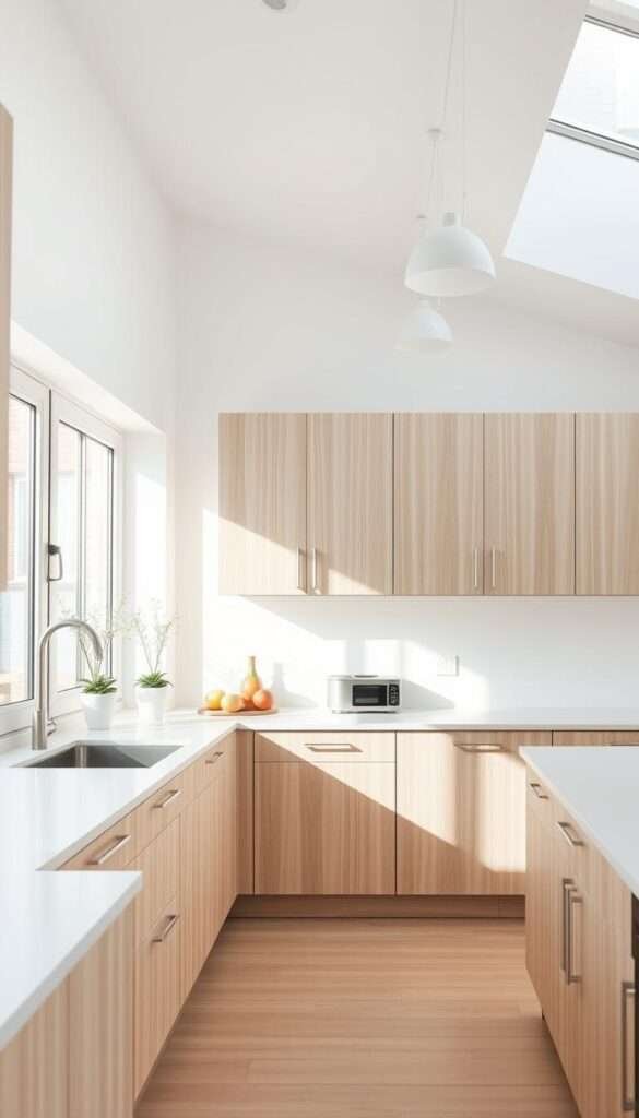 A bright, airy Scandinavian kitchen with flat-panel cabinets in a light wood tone. The cabinets have discreet, hidden handles that seamlessly blend into the design, creating a minimalist, streamlined aesthetic. The kitchen is bathed in natural light from large windows, with a clean, uncluttered layout that emphasizes functionality and simplicity. The countertops are a crisp, light-colored quartz, complementing the muted cabinetry. Subtle details, such as thin metal accents and a few potted plants, add a touch of warmth and character to the space. The overall atmosphere is one of understated elegance and timeless Scandinavian style.