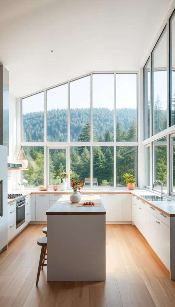 A bright, airy Scandinavian kitchen with large, floor-to-ceiling picture windows overlooking a lush forest landscape. The windows flood the space with warm, natural light, creating a serene and tranquil atmosphere. The kitchen features clean, white cabinets and sleek, minimalist appliances that blend seamlessly into the design. A central island with a wooden countertop provides ample prep space and seating for casual dining. Soft, neutral tones and natural wood accents throughout the room complement the verdant view beyond the windows, establishing a strong connection between the interior and the outdoor environment.