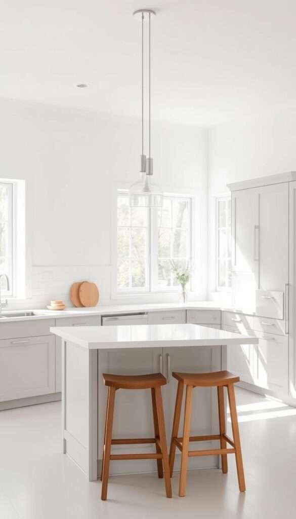 A bright, airy Scandinavian kitchen with pristine white walls and soft gray cabinetry. The space is flooded with natural light, streaming through large windows. Clean, minimalist lines define the cabinetry, with muted metallic hardware providing subtle accents. A central island with a sleek white countertop anchors the room, surrounded by simple wooden stools. Pendant lights with glass shades hang above, casting a warm, ambient glow. The overall mood is one of calm, understated elegance - a space that prioritizes functionality and simplicity within a light-filled, Nordic-inspired aesthetic.